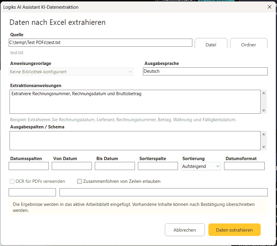 The Extract data into Excel form (German installation)