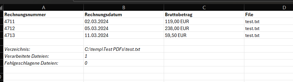 Result in Excel: three invoice rows and the summary block (German installation)